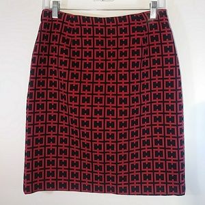 Red & Black Geometric Print Wool Pencil Skirt